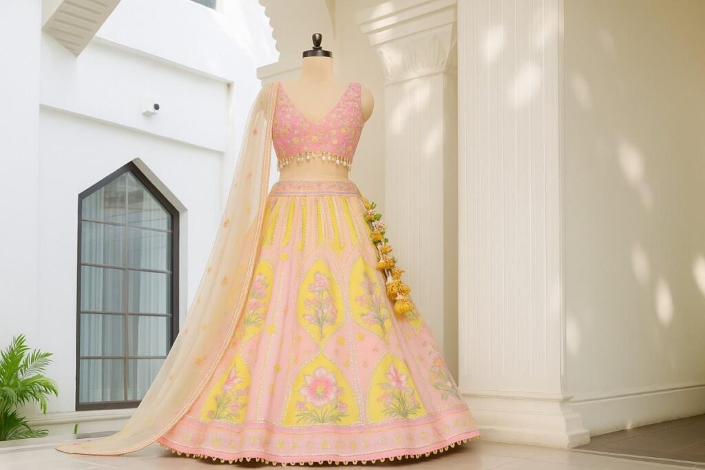 bridal sangeet lehenga pink and yellow